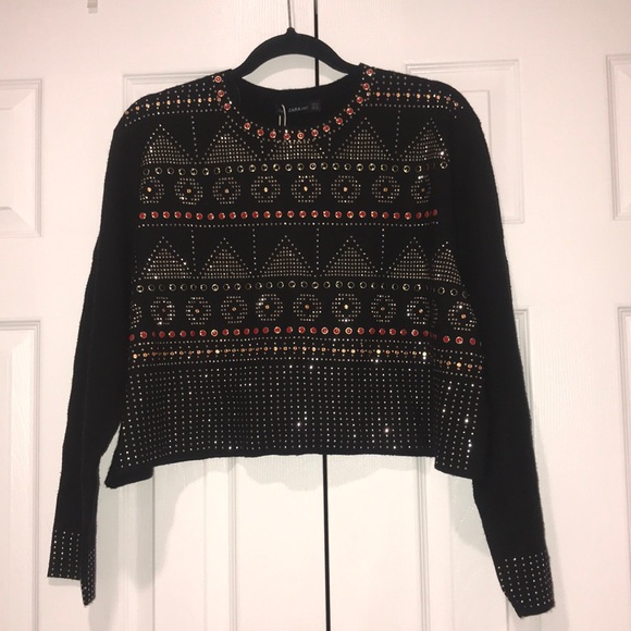 Zara Tops Zara Knit Embroidered Black Crop Sweater Top Poshmark